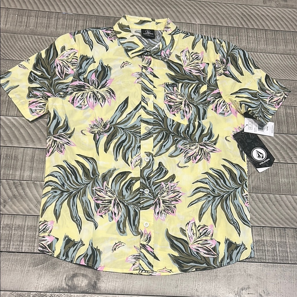 Volcom Yellow and Pink Casual Button Down Shirt Tropical Vibe